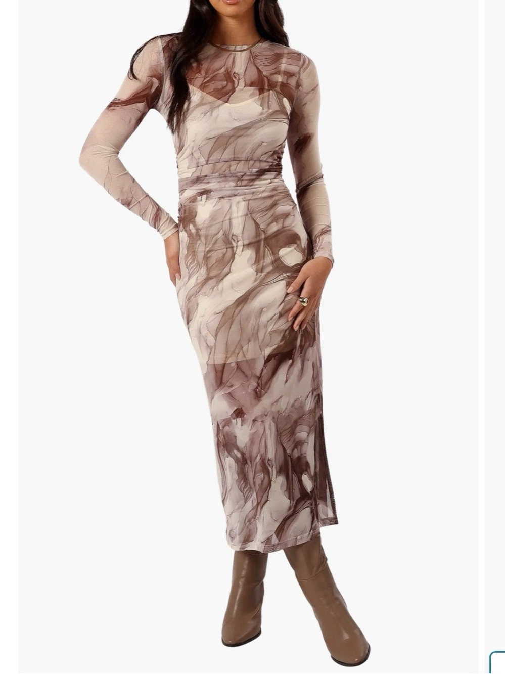 Petal & Pup Marble-Print Long Sleeve Maxi Dress - Brown & Cream
